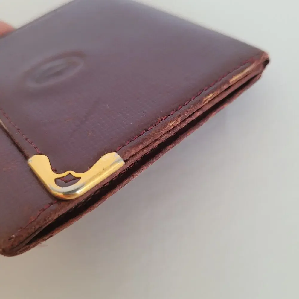 Cartier Vintage Mini Coin Holder Wallet‎ Bordeaux Leather Small Red Burgundy